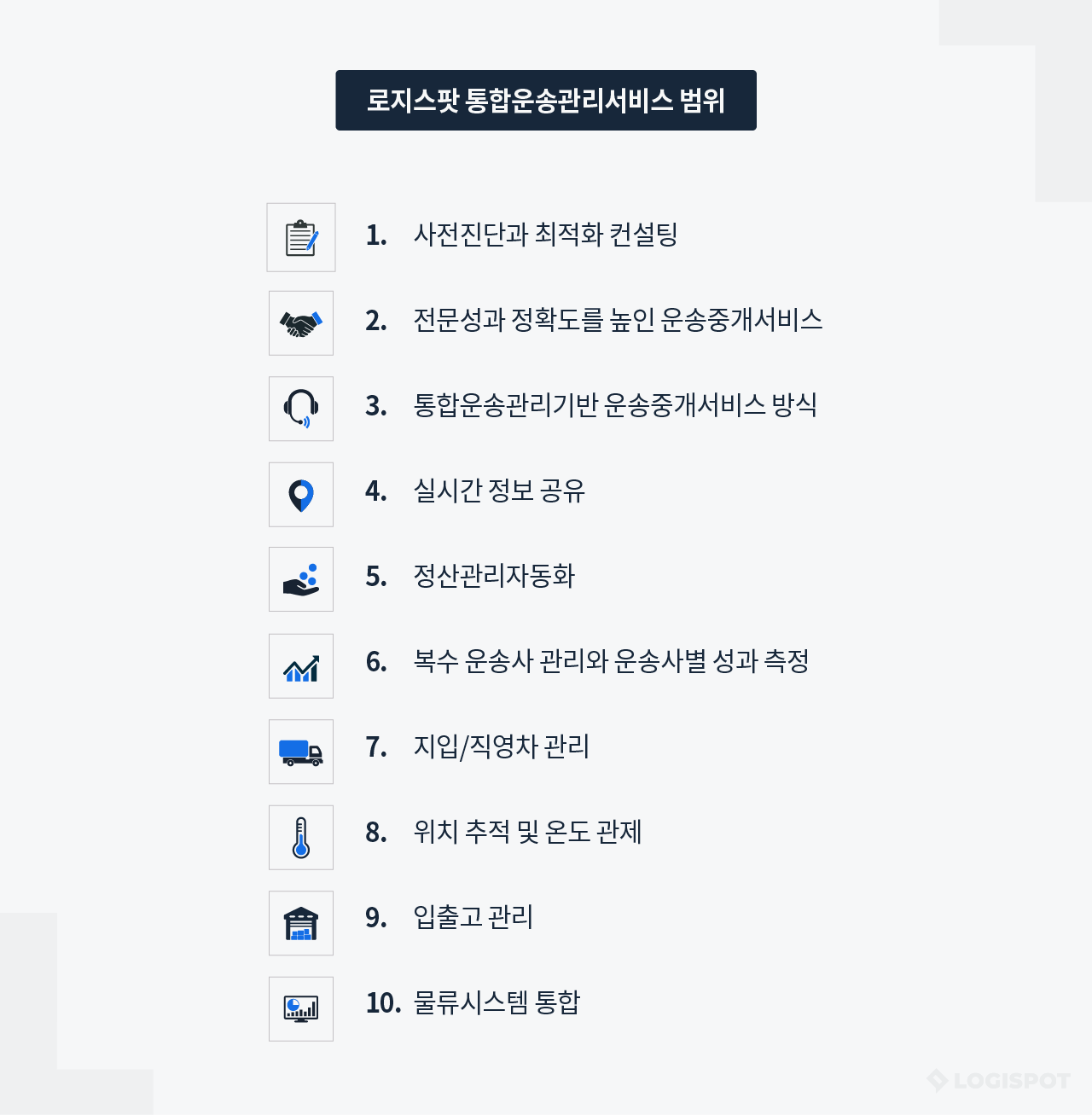 로지스팟 통합운송관리서비스 범위  1.	사전진단과 최적화 컨설팅  2.	전문성과 정확도를 높인 운송중개서비스 3.	통합운송관리기반 운송중개서비스 방식 4.	실시간 정보 공유  5.	정산관리자동화  6.	복수 운송사 관리와 운송사별 성과 측정  7.	지입/직영차 관리  8.	위치 추적 및 온도 관제 9.	입출고 관리 10.	물류시스템 통합 